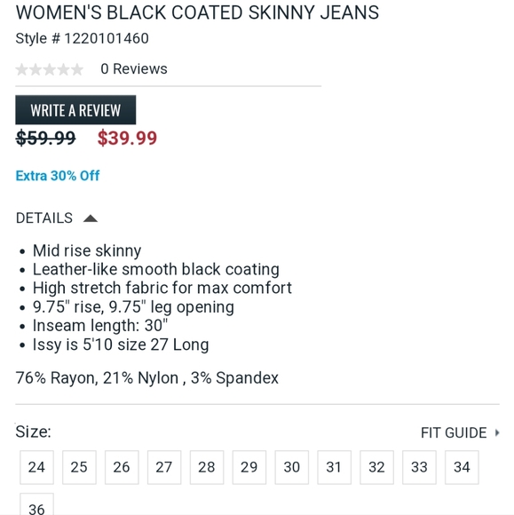 Ladies black coated skinny jeans, size 30 - Picture 4 of 5